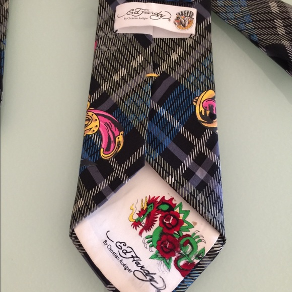 Rare designer Ed Hardy Tie skull plaid vintage Tie - Picture 6 of 7